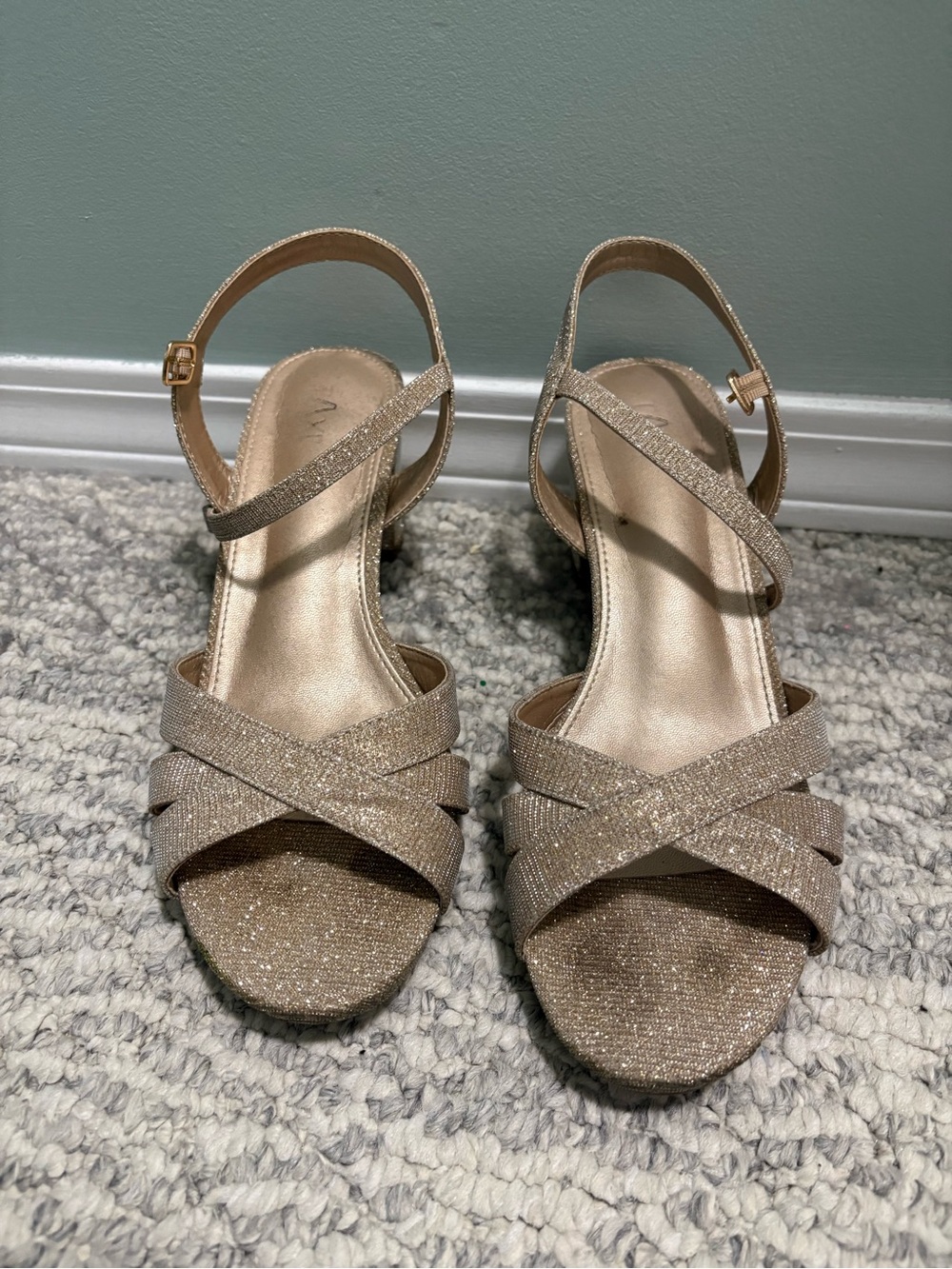 Women's Glitter Open-Toe Ankle Strap Heels in Gold